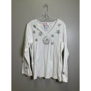 VTG Quacker Factory Long-Sleeve V-Neck Top XL White Embezzled Stars And Moon
